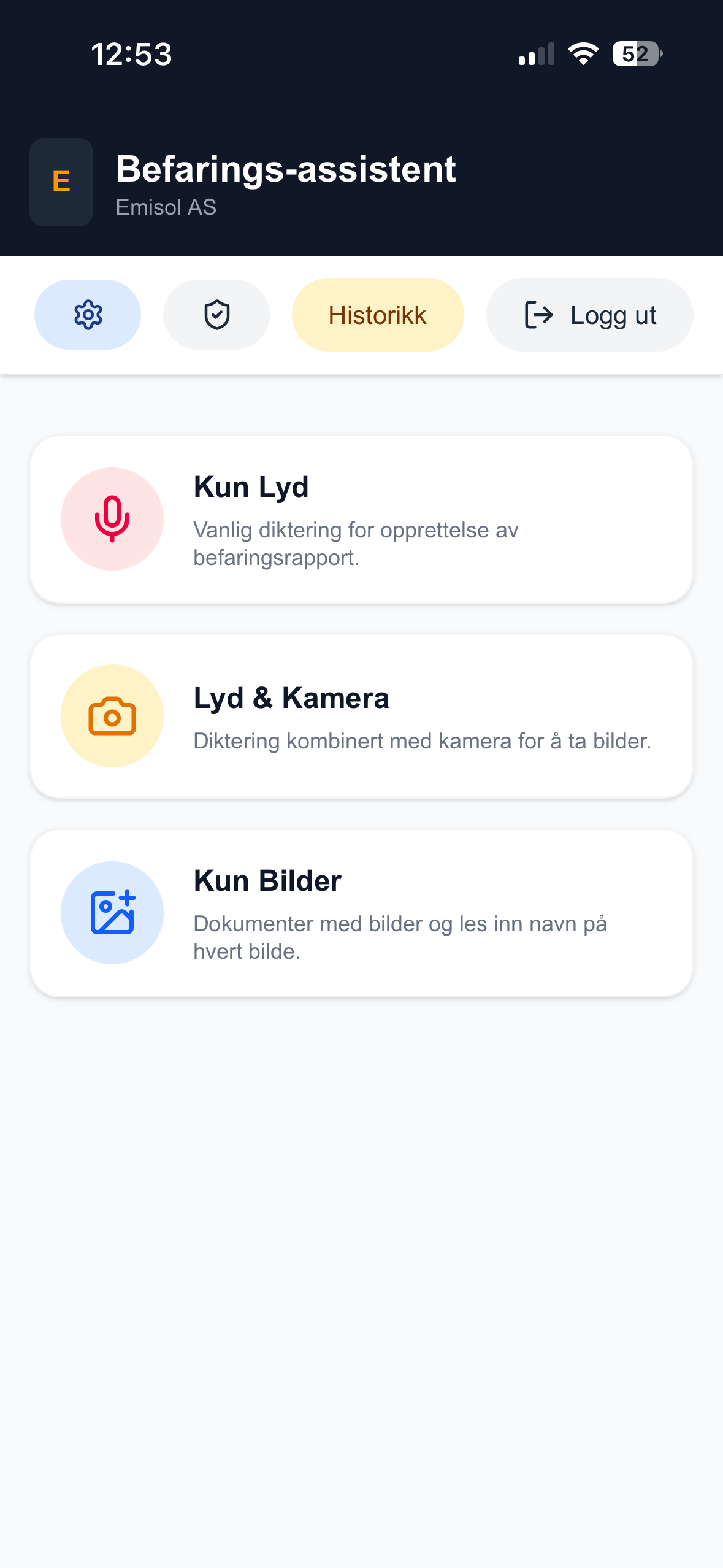 Startskjermen i Befaringsassistenten med de tre valgene Kun Lyd, Lyd og Kamera, og Kun Bilder.